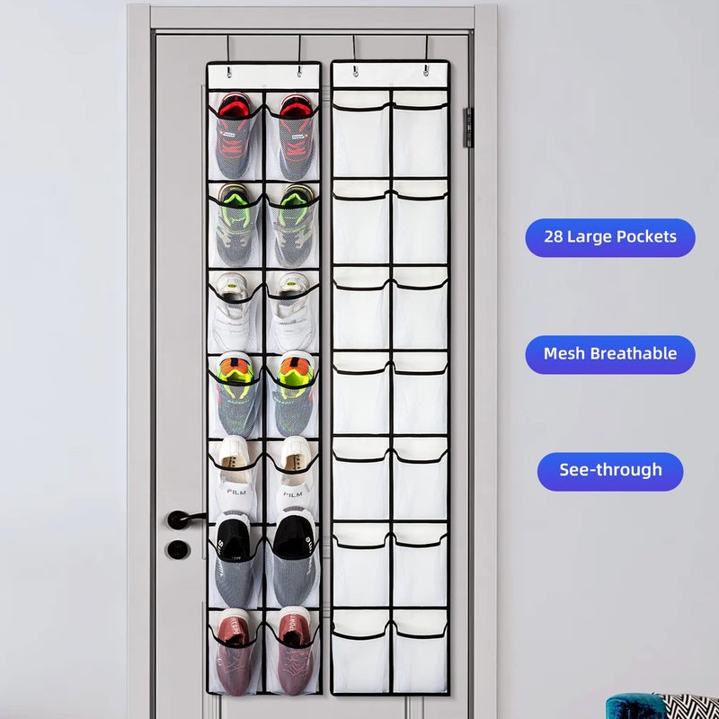 KEEPJOY Over the Door Shoe Organizer  Hanging Shoe Organizer with 4 Hooks  Shoe Holder with 14 Mesh Pockets Closet Door Shoe Storage Bag (White-2Pack) - Image 4